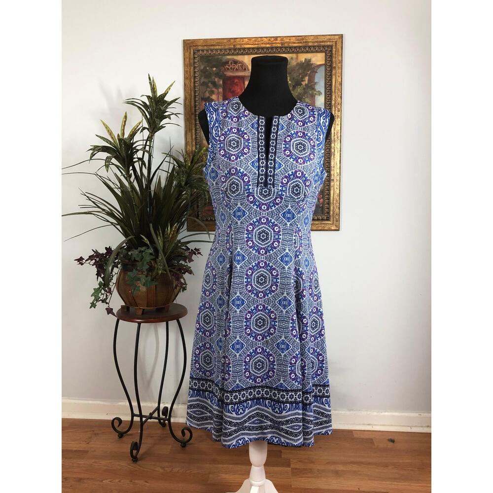 Maggy London Dress Womens 8 Blue Purple Sleeveless Fit and Flare Boho Print